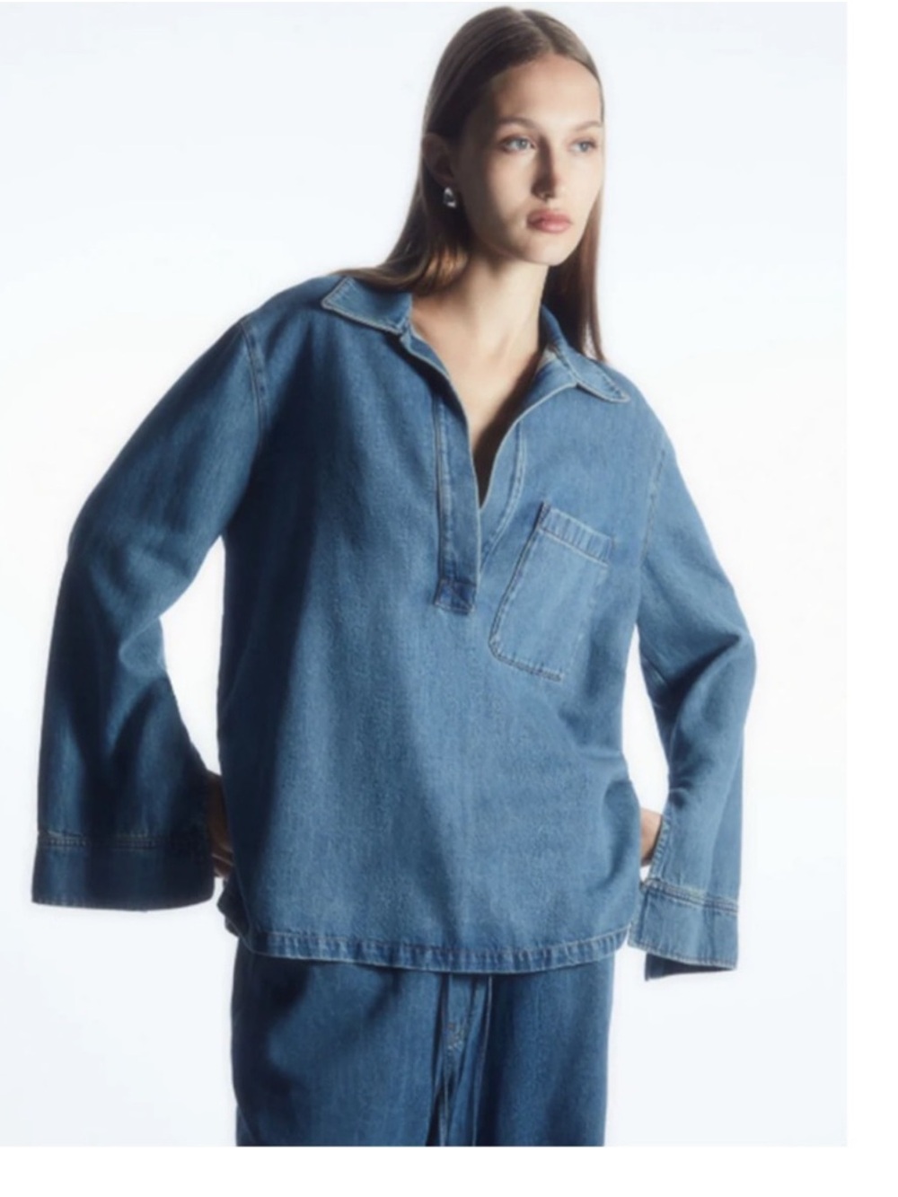 COS Collared V-Neck Denim Top Oversized Boxy long sleeve Shirt